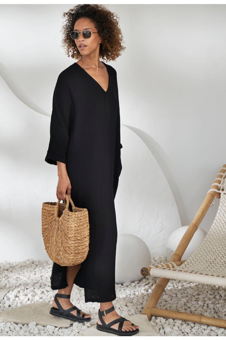 Gauze Arc Seam Caftan, Alternate, color, Black