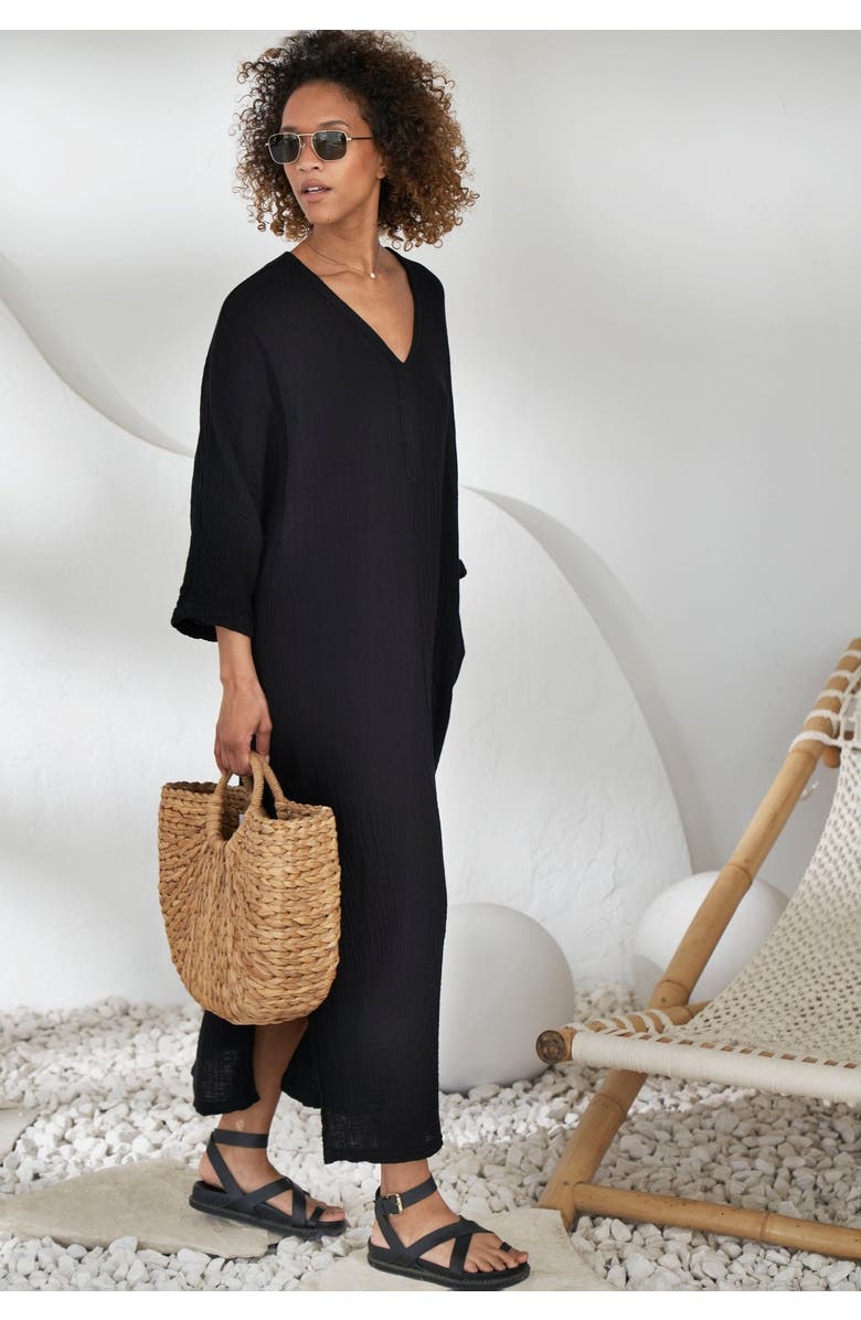 ocean+main Gauze Arc Seam Caftan, Alternate, color, Black