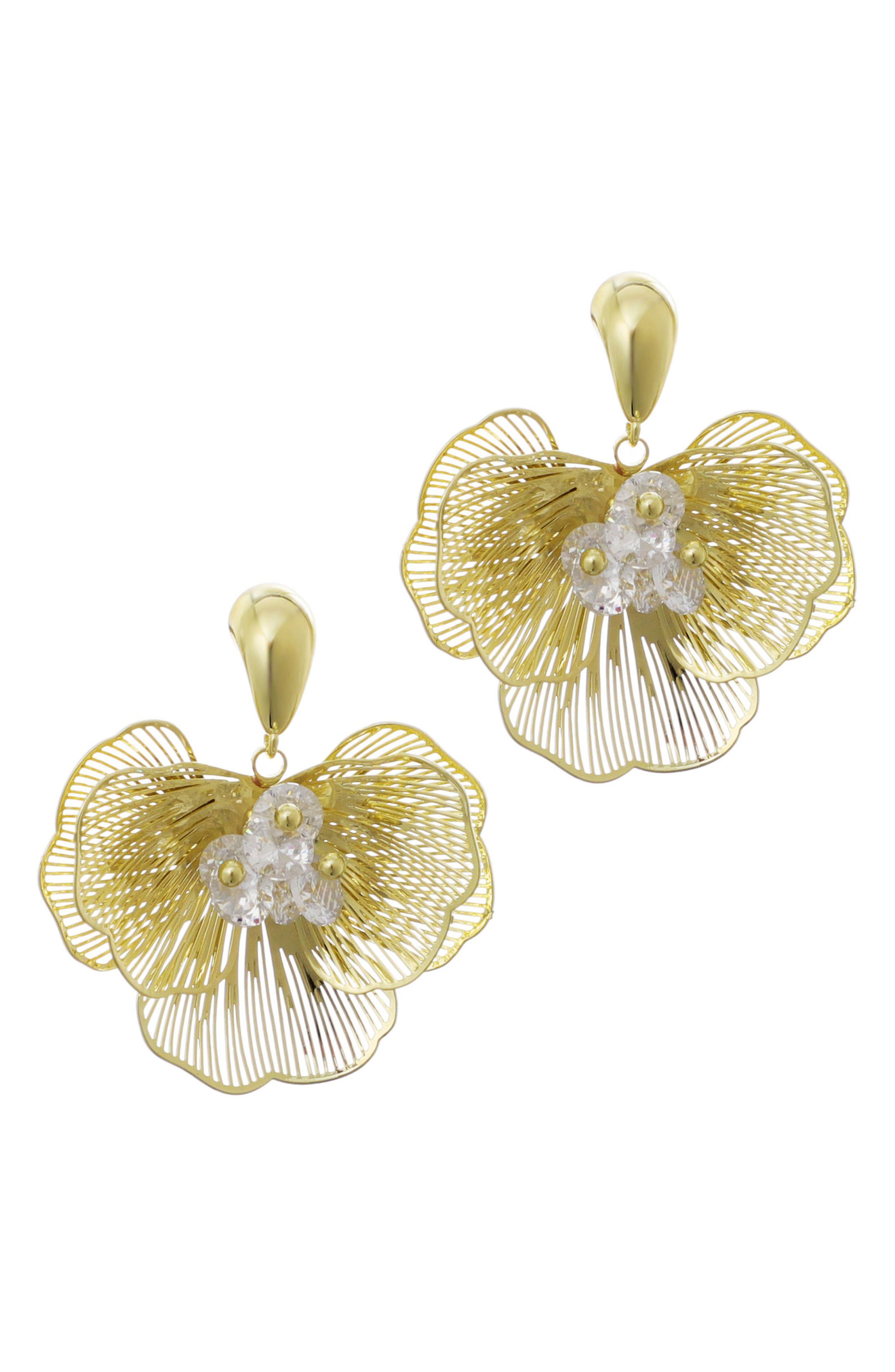 Adornia 14K Gold Plated Crystal Flower Drop Earrings