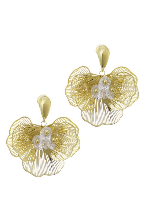 14K Gold Plated Crystal Flower Drop Earrings
