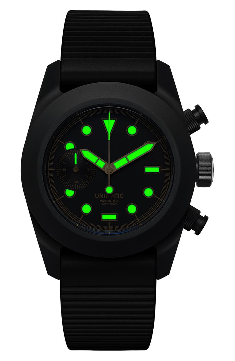 UNIMATIC Modello Tre Fixed Chronograph Silicone Strap Watch, Alternate, color, Black