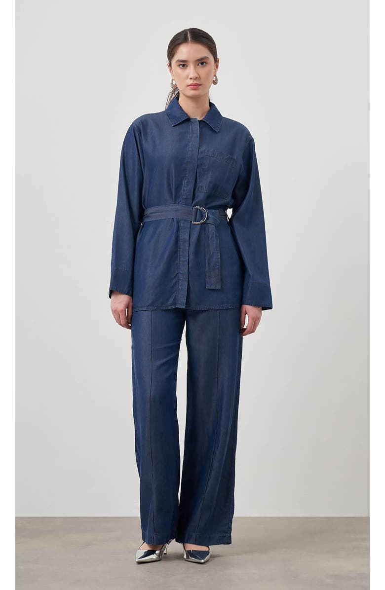 Mizalle Denim Belted Blouse, Main, color, 