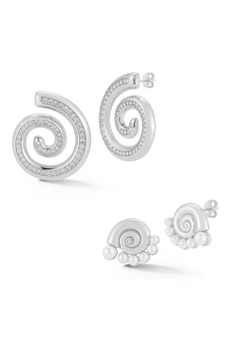 Assorted 2-Pack Cubic Zirconia Pavé Shell & Freshwater Pearl Stud Earrings, Main, color, SILVER