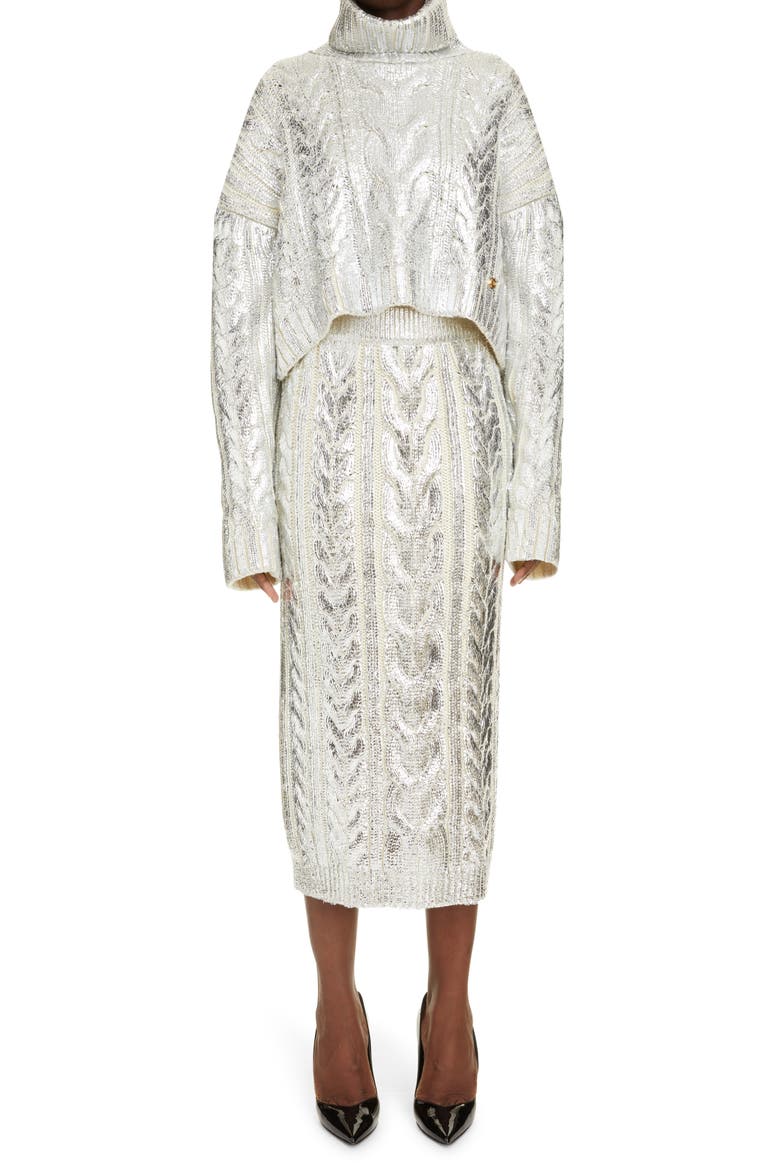 Metallic Cable Knit Virgin Wool Blend Midi Skirt, Alternate, color, GAC BLANC/ ARGENT