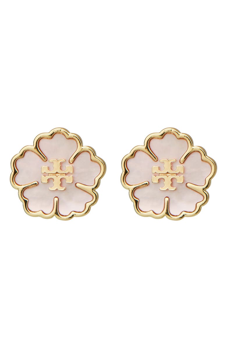 Tory Burch Forget Me Not Stud Earrings, Main, color, Tory Gold / Mother Of Pearl