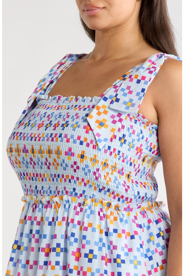 Kessa Geo Print Smocked Sleeveless Midi Dress, Alternate, color, LIGHT-BLUE-MULTI