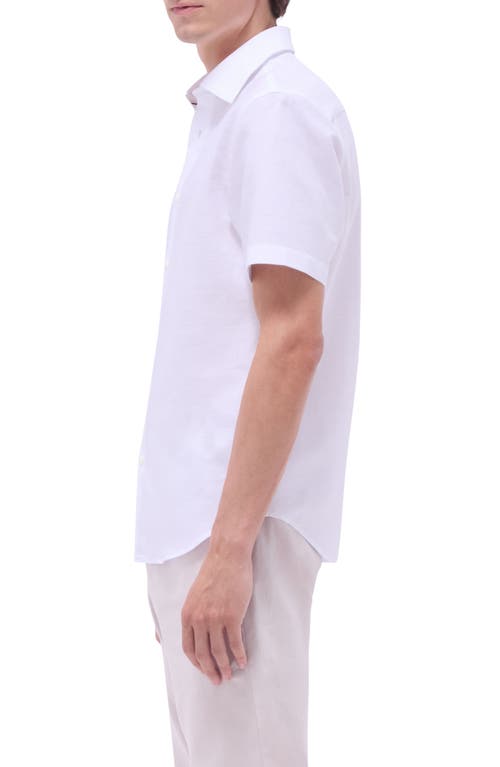 BUGATCHI BUGATCHI ORSON PALM TREE PATTERN SOLID SHORT SLEEVE COTTON & LINEN BUTTON-UP SHIRT