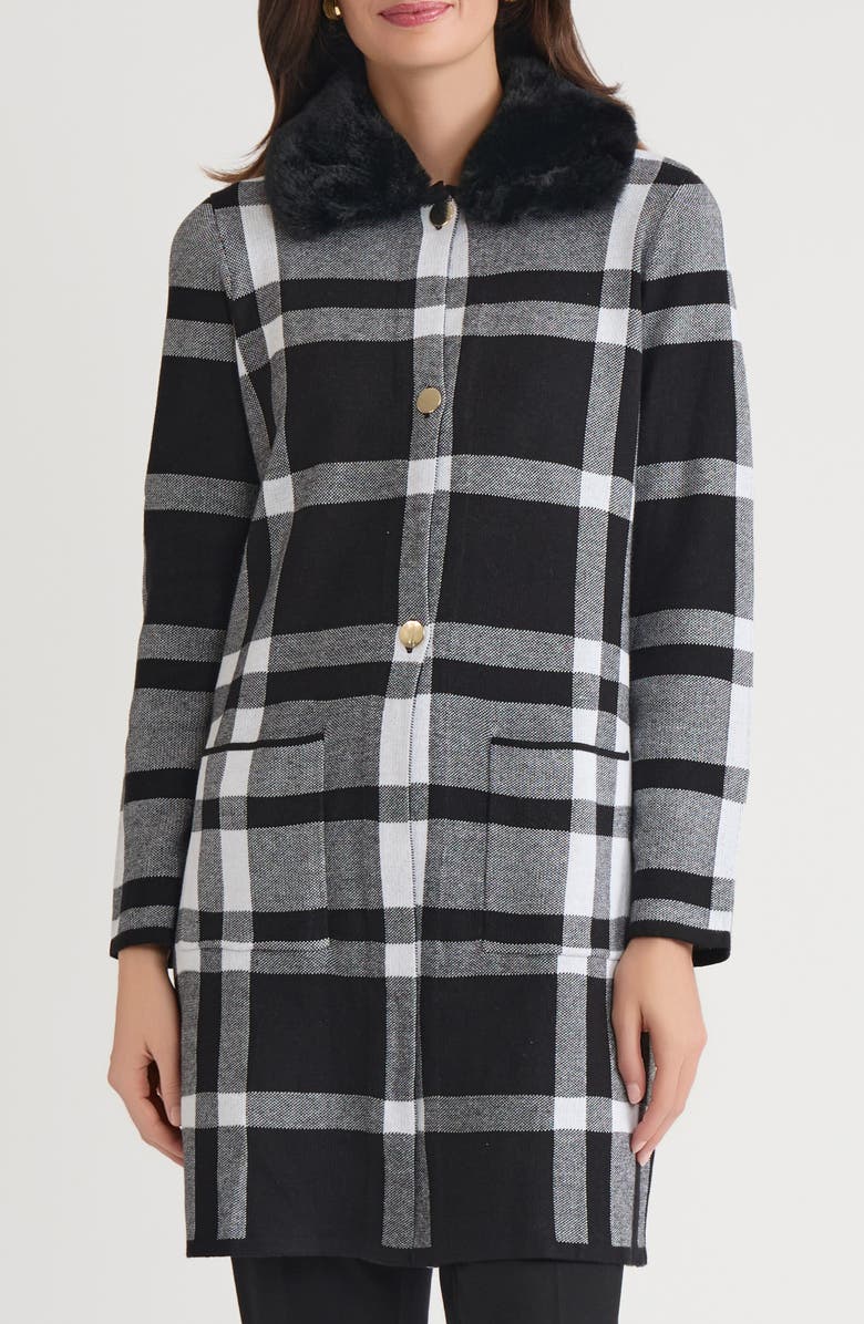 KASPER Plaid Coat with Faux Fur Collar, Main, color, Black/ White