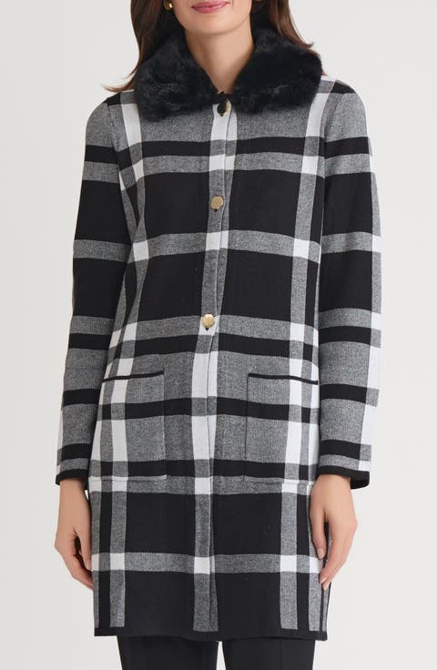 Plaid Coat with Faux Fur Collar