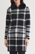 KASPER Plaid Coat with Faux Fur Collar