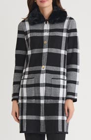 KASPER Plaid Coat with Faux Fur Collar
