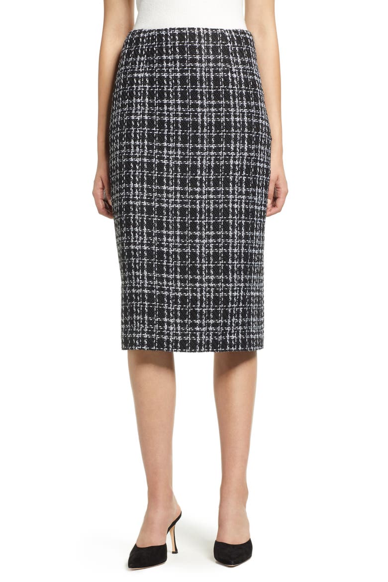 Plaid Tweed Pencil Skirt, Main, color, BLACK- WHITE TWEED