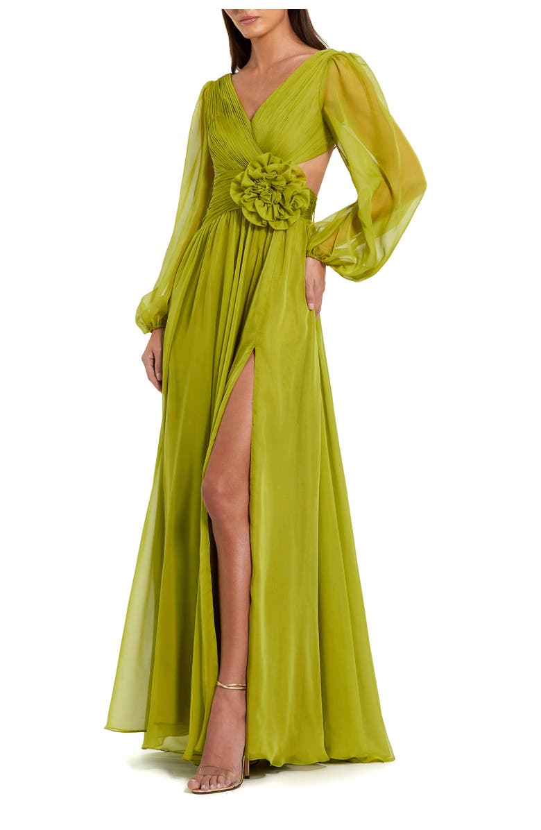 Mac Duggal Long Sleeve V Neck Chiffon Gown With 3D Flower, Main, color, Apple Green