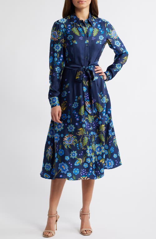 Boden Kate Tie Belt Long Sleeve Satin Shirtdress in Kingfisher Blue Blossom 