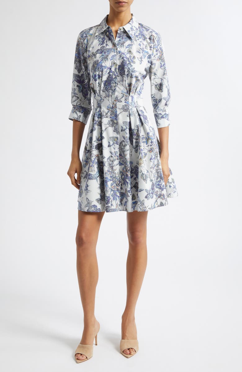 L'AGENCE Journi Pleated Long Sleeve Shirtdress, Main, color, Grey Multi Watercolr Butterfly