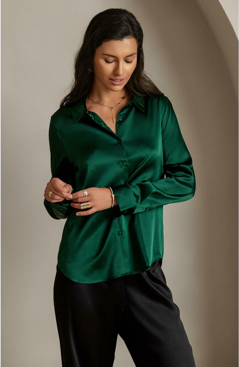 SILKSILKY 19Momme Silk Solid Color Basic Military Lapel Shirt, Alternate, color,