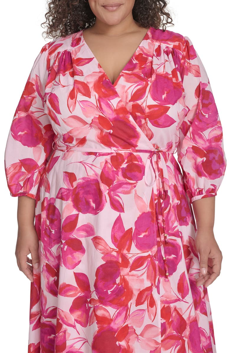 Calvin Klein Floral Balloon Sleeve Cotton Faux Wrap Dress, Alternate, color, Hibiscus Multi