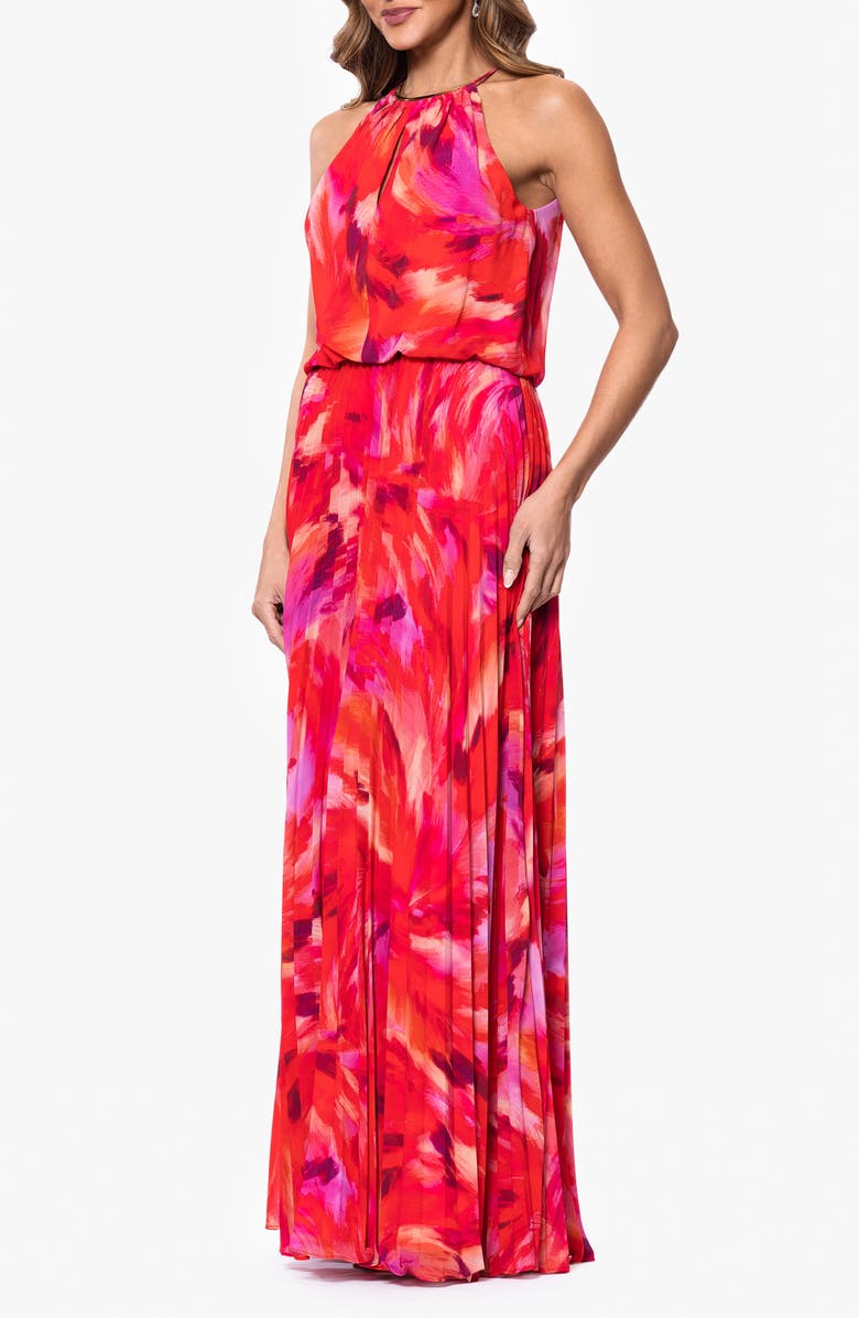 Xscape Evenings Abstract Floral Pleated Chiffon Gown, Alternate, color, Red/ Pink