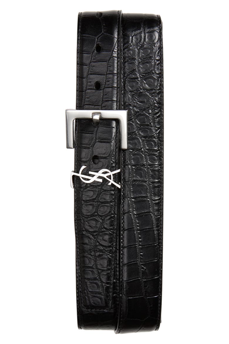 YSL Monogram Croc Embossed Leather Belt, Main, color, BLACK