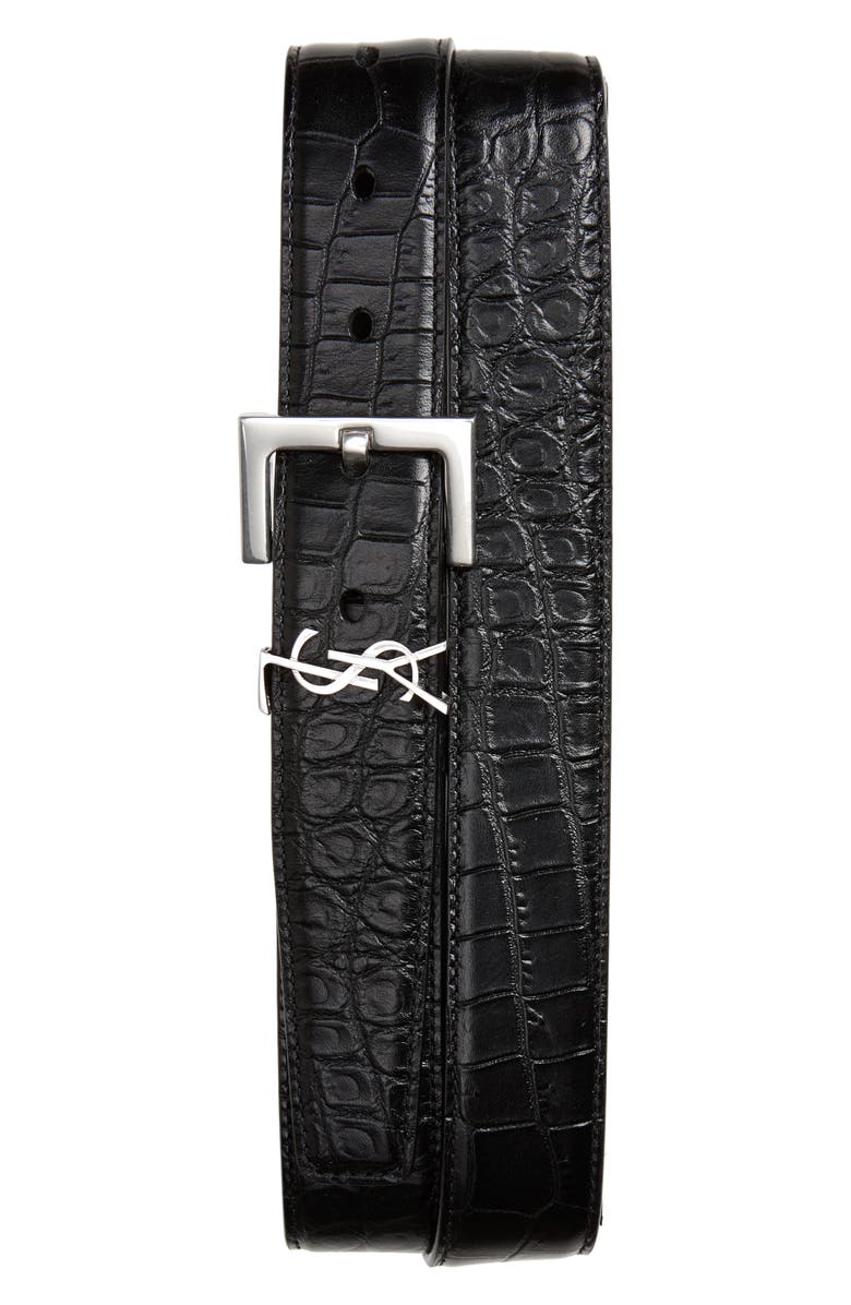 Saint Laurent YSL Monogram Croc Embossed Leather Belt, Main, color,