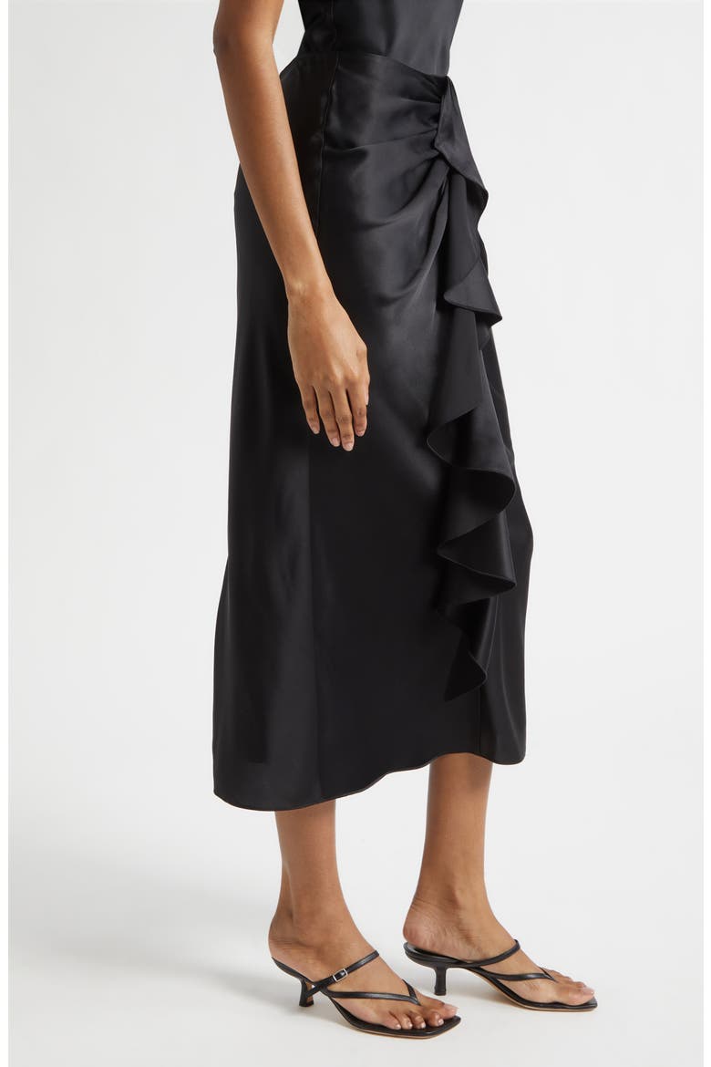 Cynthia Ruffle Ruched Silk Midi Skirt, Alternate, color, BLACK