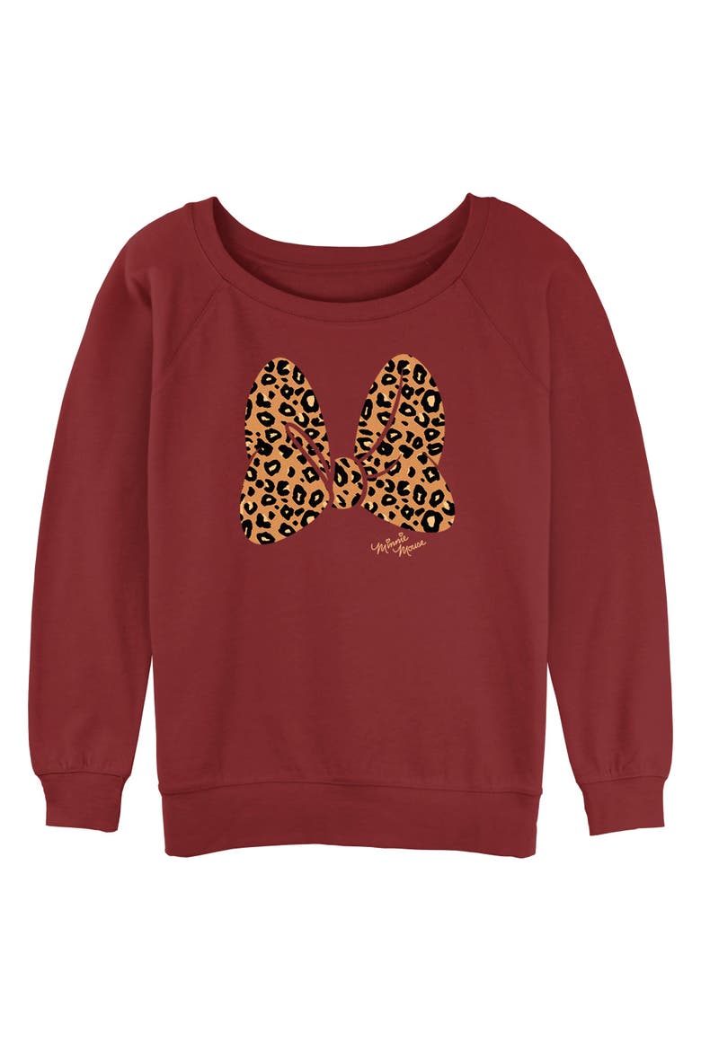 Junior's Cheetah Print Minnie Mouse Bow Long Sleeve Crewneck Sweatshirt, Main, color, Scarlet
