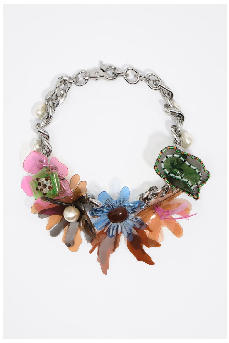 Flowers Necklace with Chain and Silver Pearls, Alternate, color, BLUE
