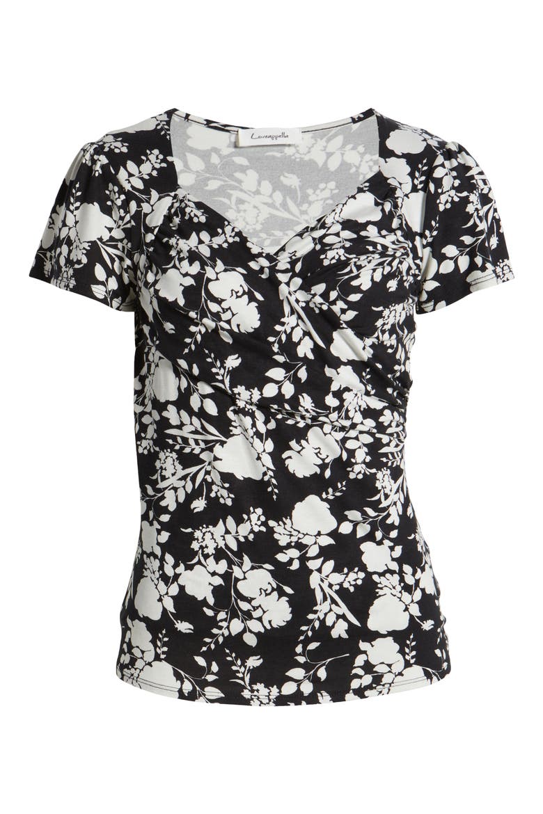 Floral Faux Wrap Top, Alternate, color, BLACK