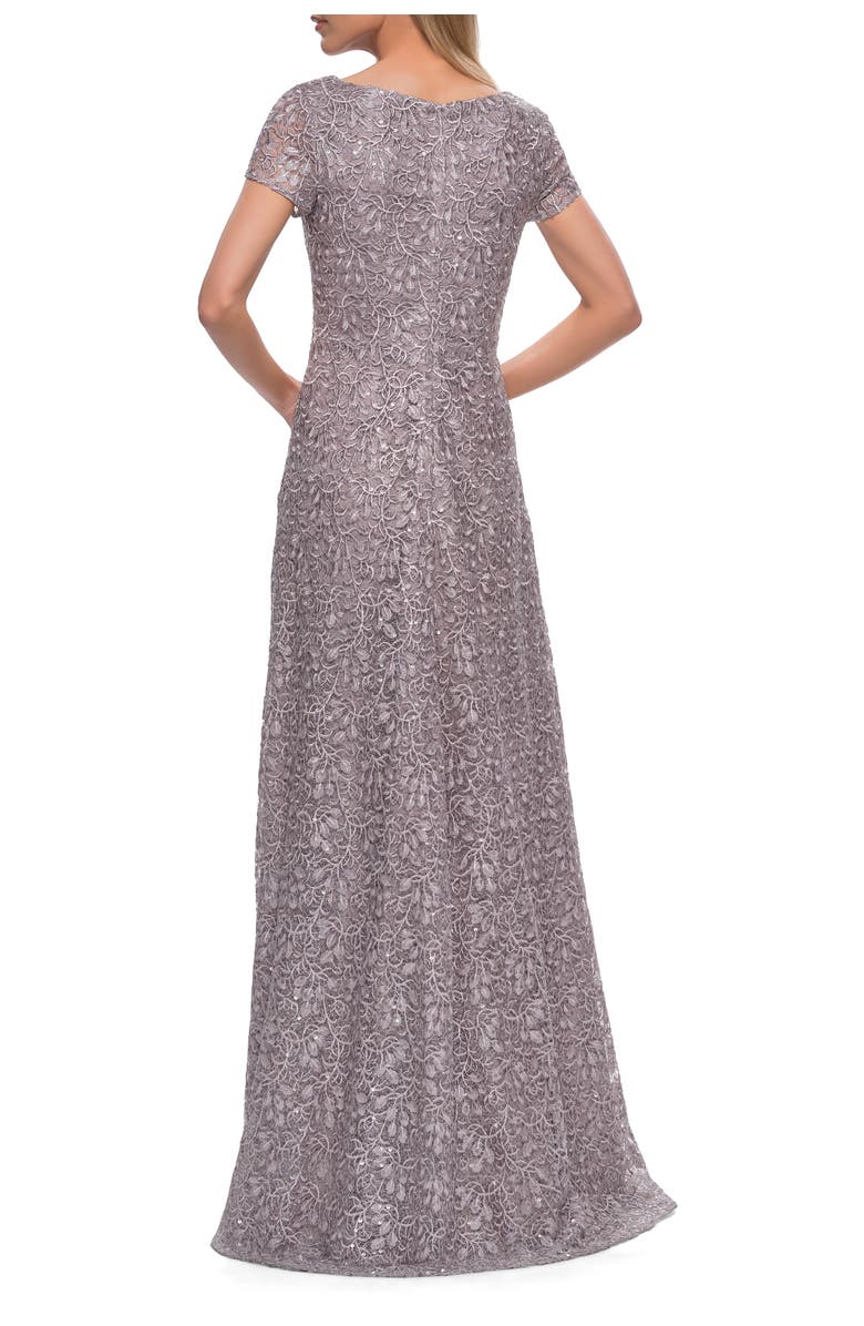 La Femme Embroidered Lace Long Gown with Short Sleeves, Alternate, color, Dark Mauve