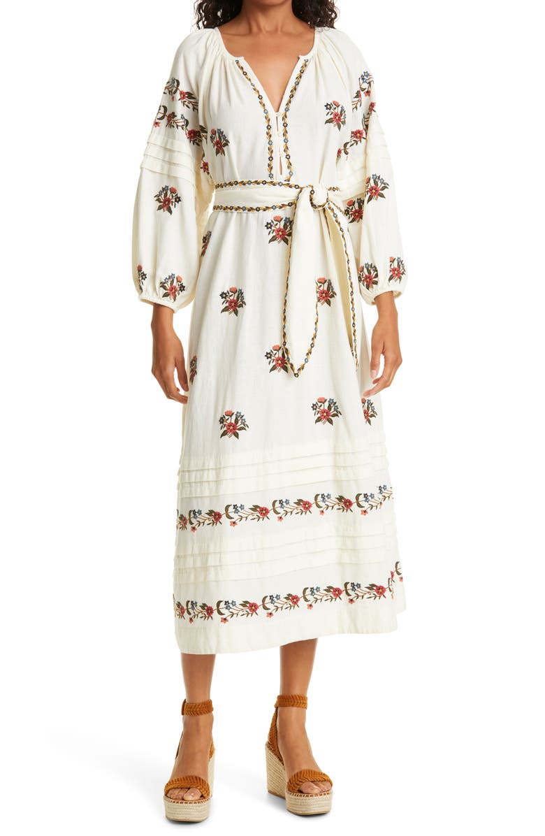 THE GREAT. The Prairieland Floral Embroidered Long Sleeve Midi Dress, Main, color, 