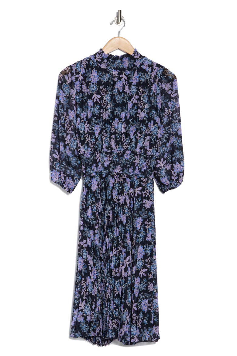 Smocked Mock Neck Three-Quarter Sleeve Midi Dress, Alternate, color, NAVY 690-3 PRINT