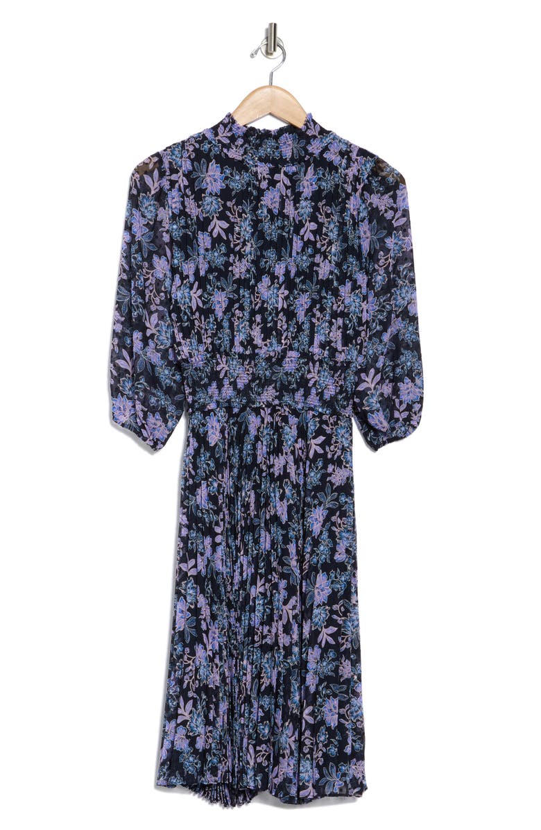 Nanette Lepore Smocked Mock Neck Three-Quarter Sleeve Midi Dress, Alternate, color, Navy 690-3 Print