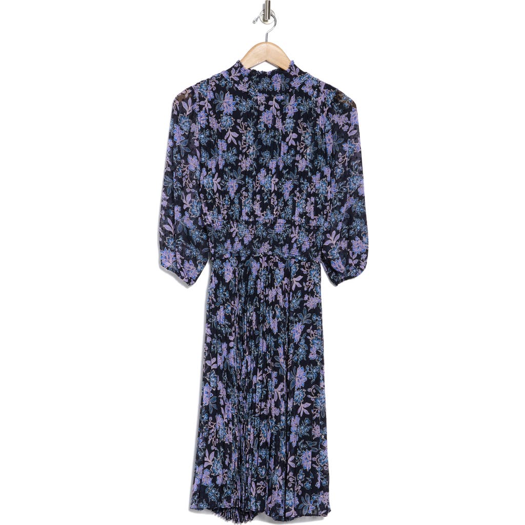 Nanette Lepore Smocked Mock Neck Three-quarter Sleeve Midi Dress In Navy 690-3 Print