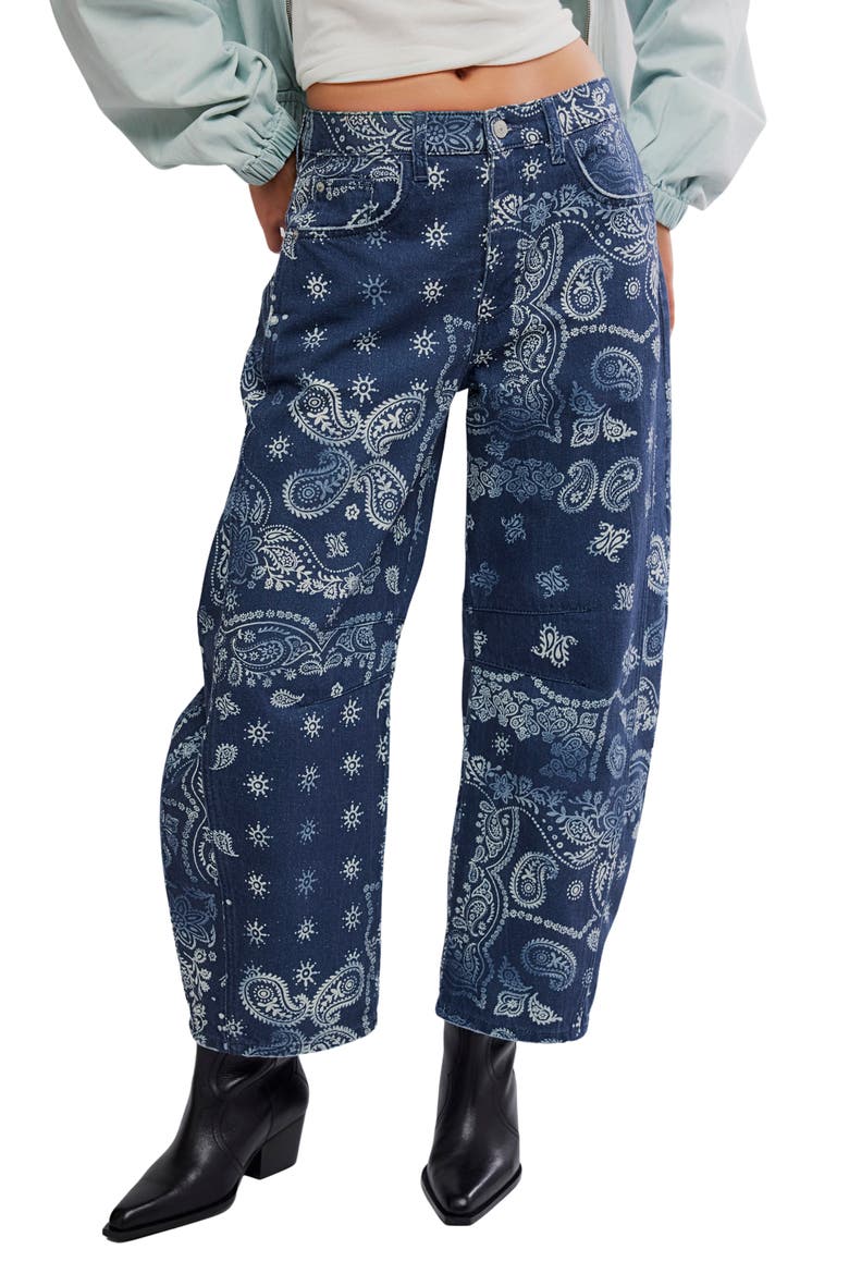 Print Barrel Leg Jeans, Main, color, NAVY BANDANA