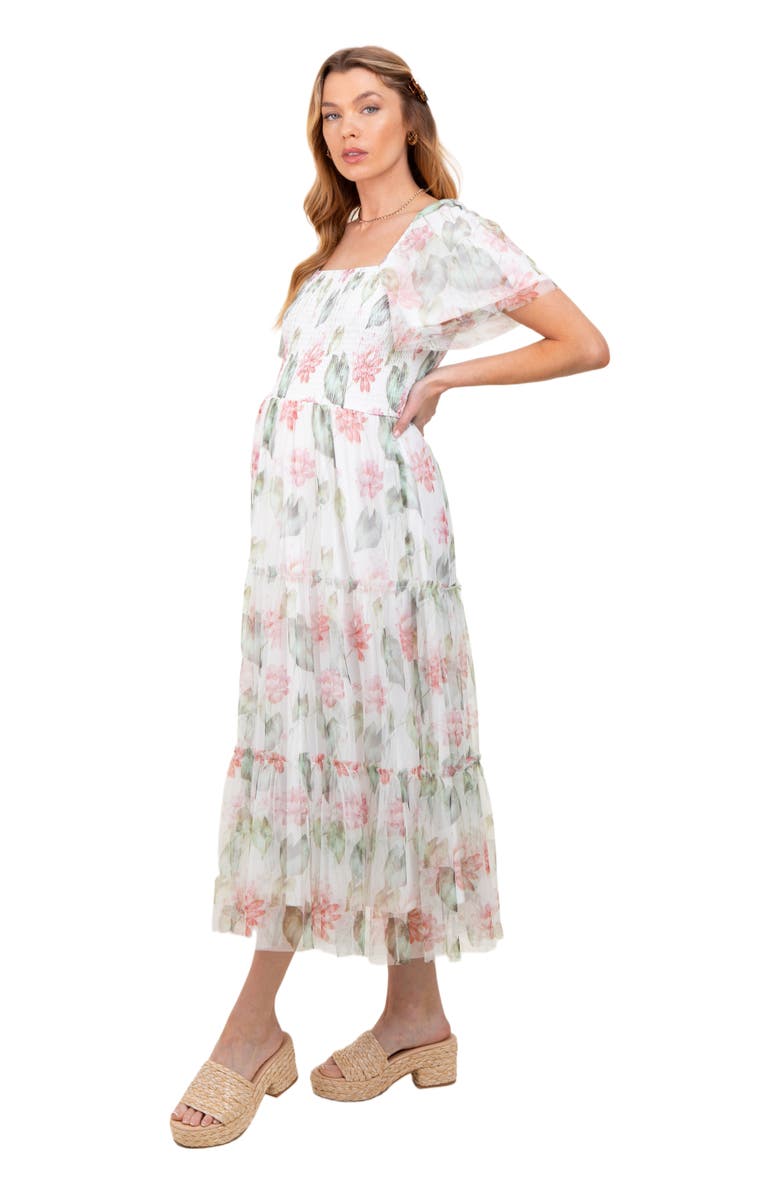 PinkBlush Floral Mesh Smocked Midi Dress, Alternate, color, Ivory