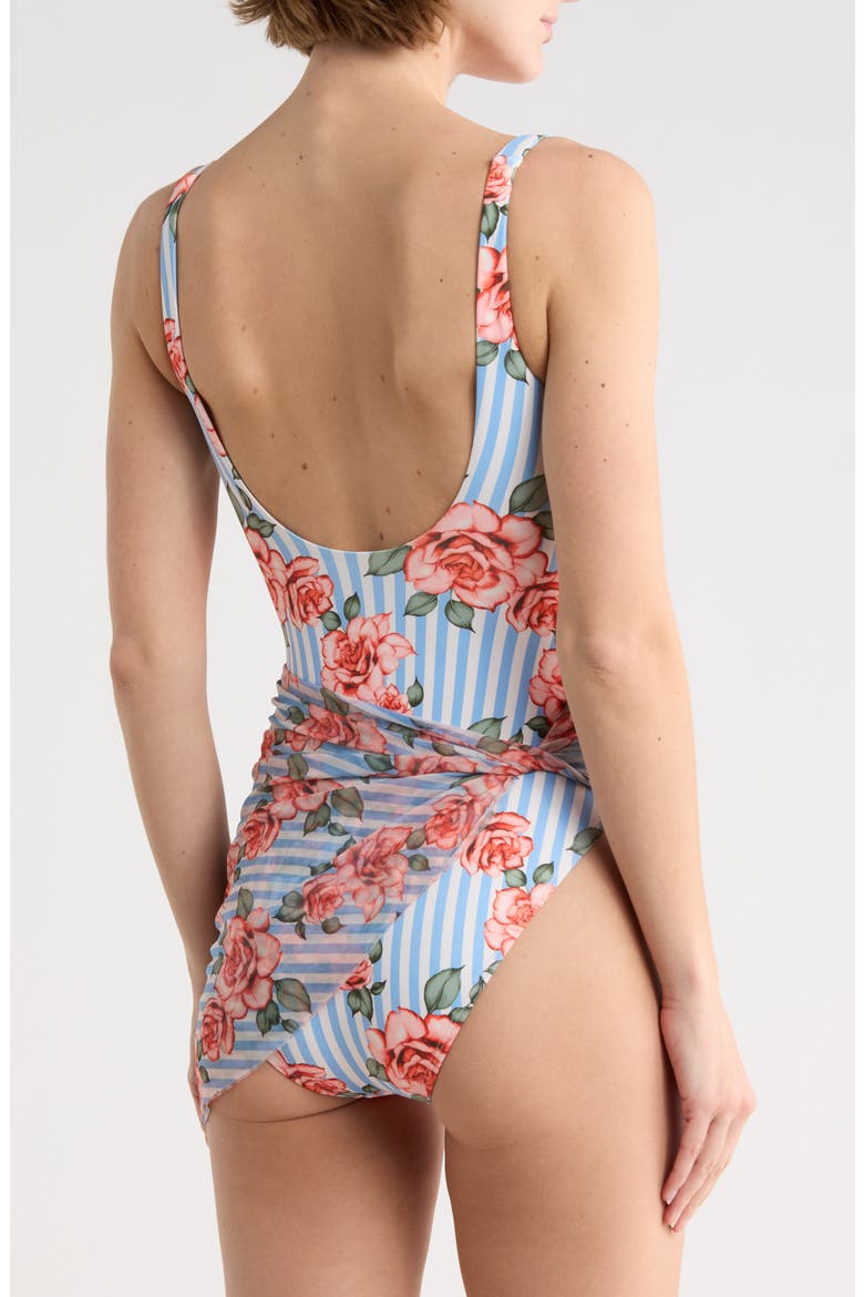 Mesh Overlay One-Piece Swimsuit, Alternate, color, CORAL STRIPED GROUND