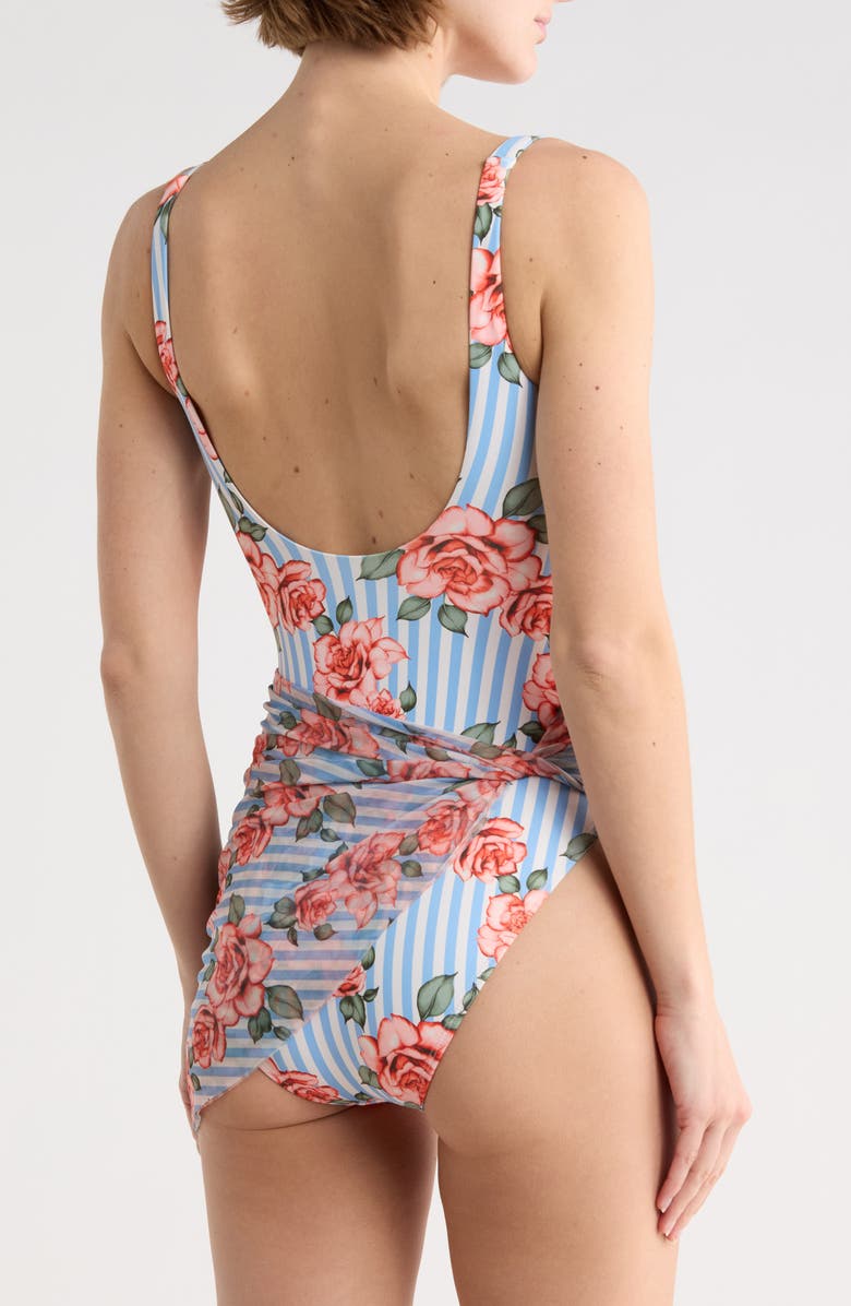 Hutch Mesh Overlay One-Piece Swimsuit, Alternate, color, Coral Striped Ground