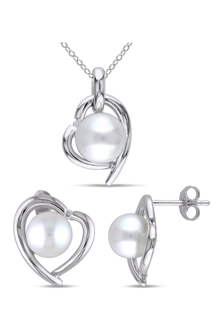 Cultured Freshwater Pearl & Diamond Heart Pendant Necklace & Stud Earrings Set, Main, color, WHITE