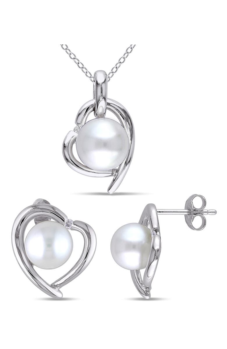 DELMAR Cultured Freshwater Pearl & Diamond Heart Pendant Necklace & Stud Earrings Set, Main, color, White