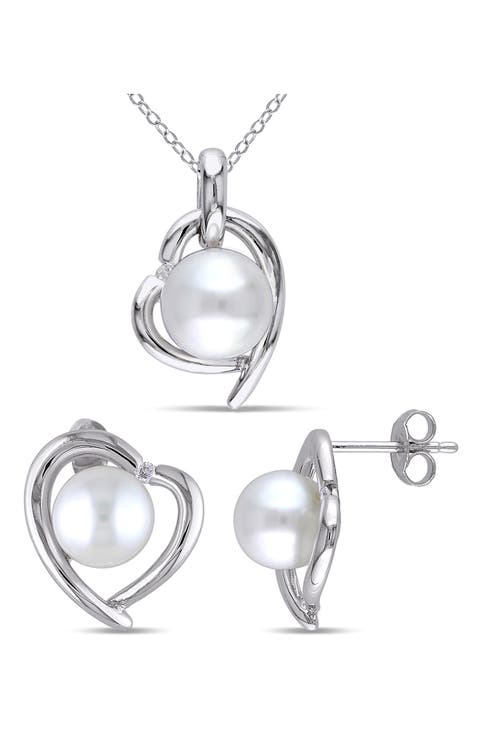 Cultured Freshwater Pearl & Diamond Heart Pendant Necklace & Stud Earrings Set