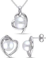 DELMAR Cultured Freshwater Pearl & Diamond Heart Pendant Necklace & Stud Earrings Set