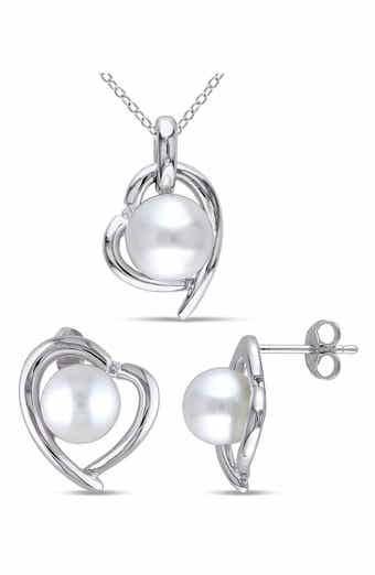 Cultured Freshwater Pearl & Diamond Heart Pendant Necklace & Stud Earrings Set
