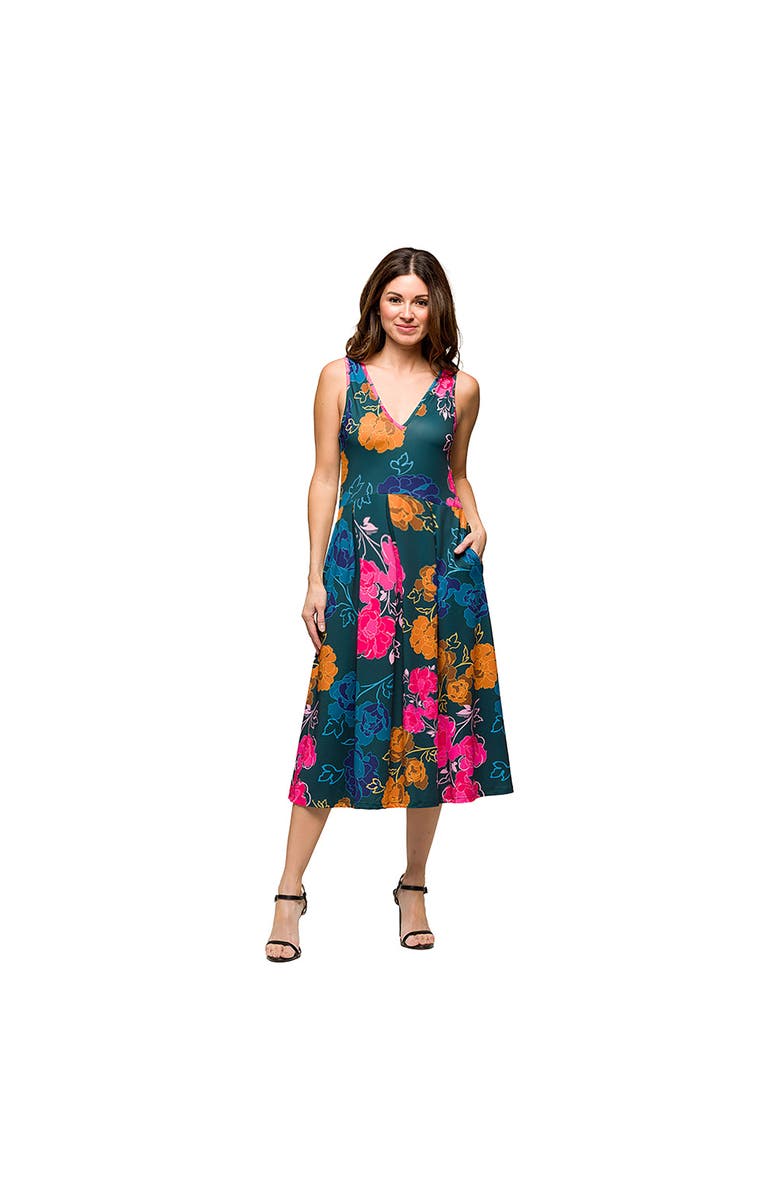 24seven Comfort Apparel Maternity Midi Length Blue Floral Print Sleeveless Pleated Pocket Dress, Main, color, 