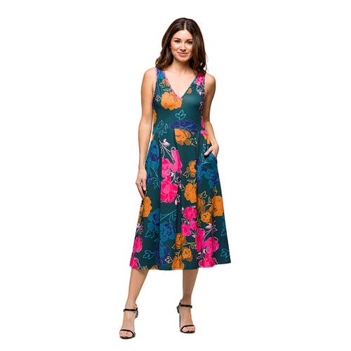 24seven Comfort Apparel Plus Size Midi Length Print Sleeveless Pleated Pocket Dress