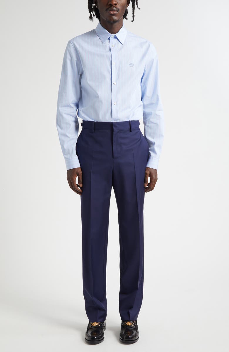 Versace Medusa Embroidered Stripe Cotton Poplin Button-Up Shirt, Alternate, color, Pastel Blue Pastel Pink