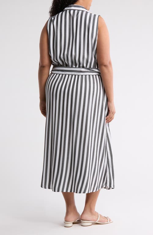 T Tahari Stripe Belted Maxi Shirtdress In Gray