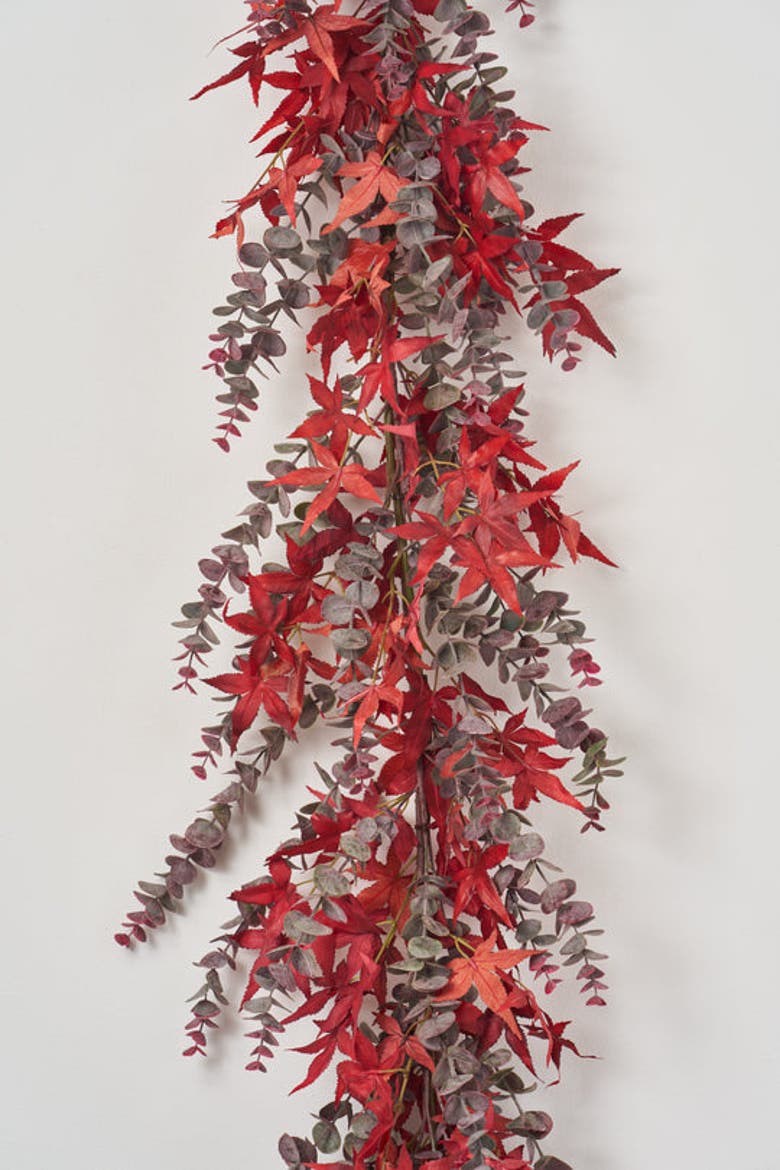 Autumn Evenings - Red Japanese Maple Leaf & Dusty Wine Botanical Eucalyptus Fall Mantle Garland Table Runner, Alternate, color, Red