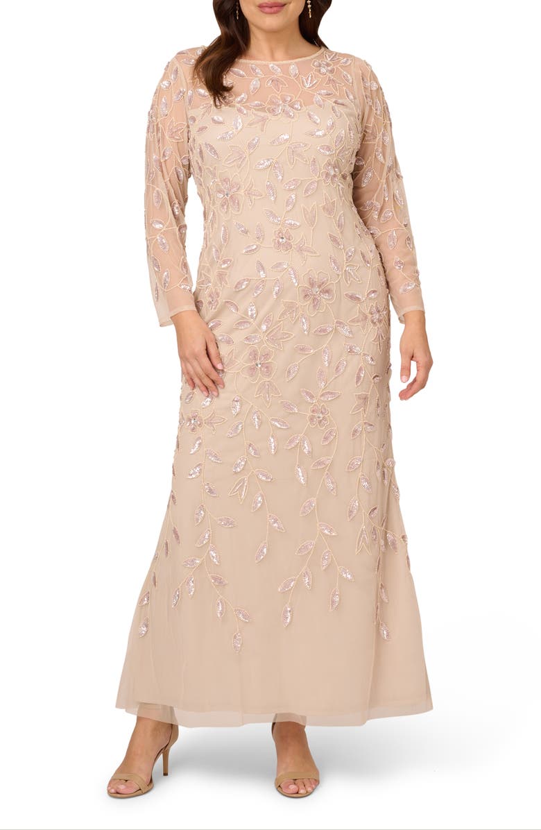 Adrianna Papell Beaded Illusion Long Sleeve Gown, Main, color, 