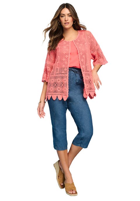 Plus Size Scallop Trim Crochet Cardigan (Plus)