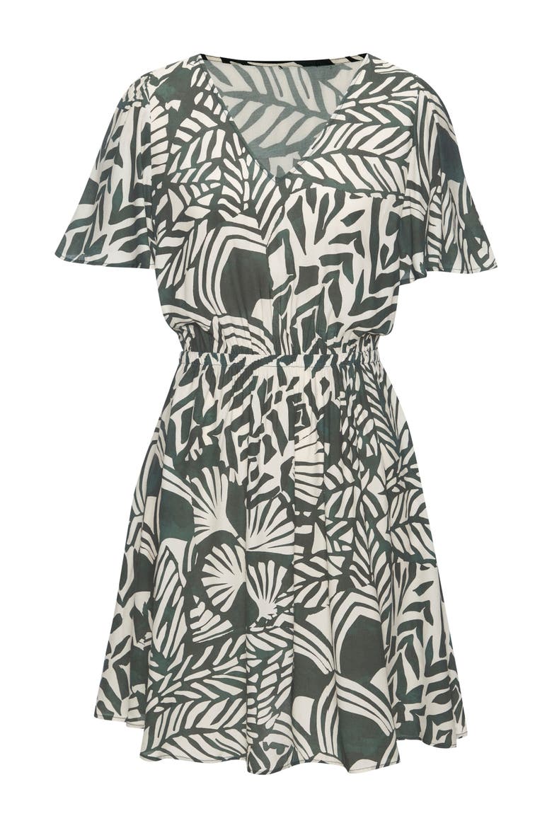 Print V-Neck Dress, Alternate, color, Green Ivory